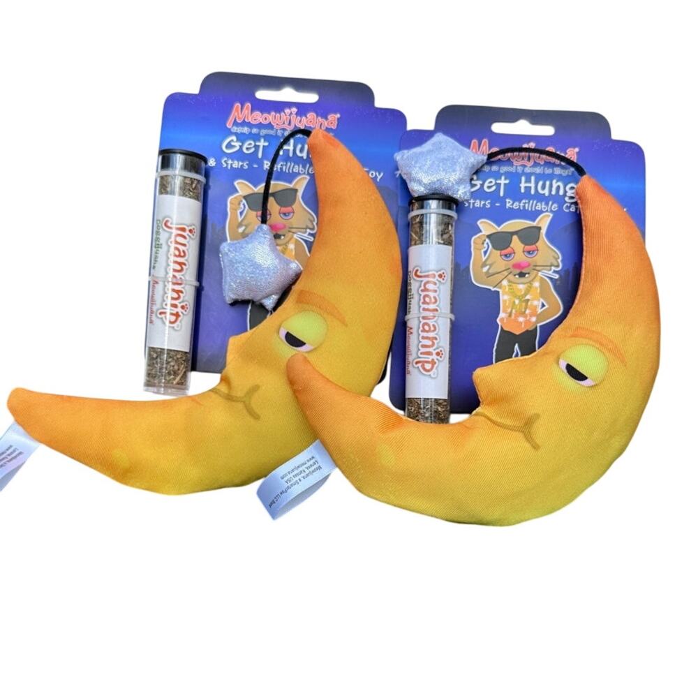 (2) Meowijuana “Get Hung” Moon & Stars Catnip Toys + Refillable‎ Juananip Tubes